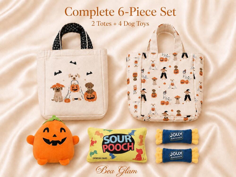Halloween Dog Gift Set, 2 Canvas Totes, 4 Dog “Candy” Toys